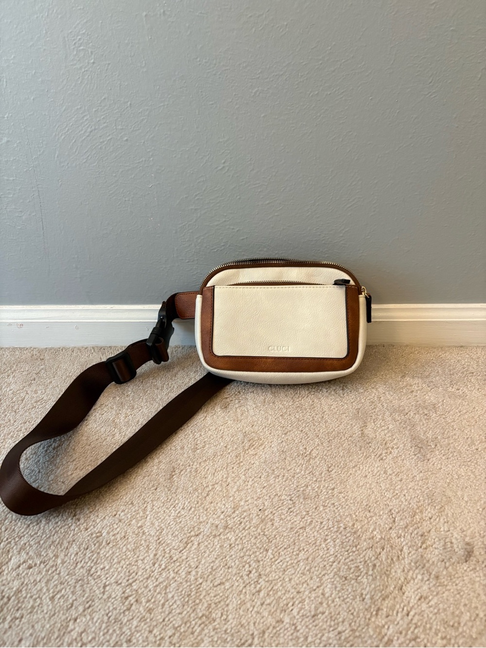 Cluci Cream and Brown Leather Belt Bag with Adjustable Strap